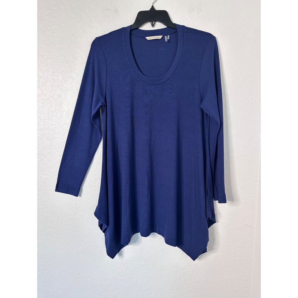 Soft Surroundings Tunic Top Size XL Tee Blue  Asymmetrical Hem Round Neck